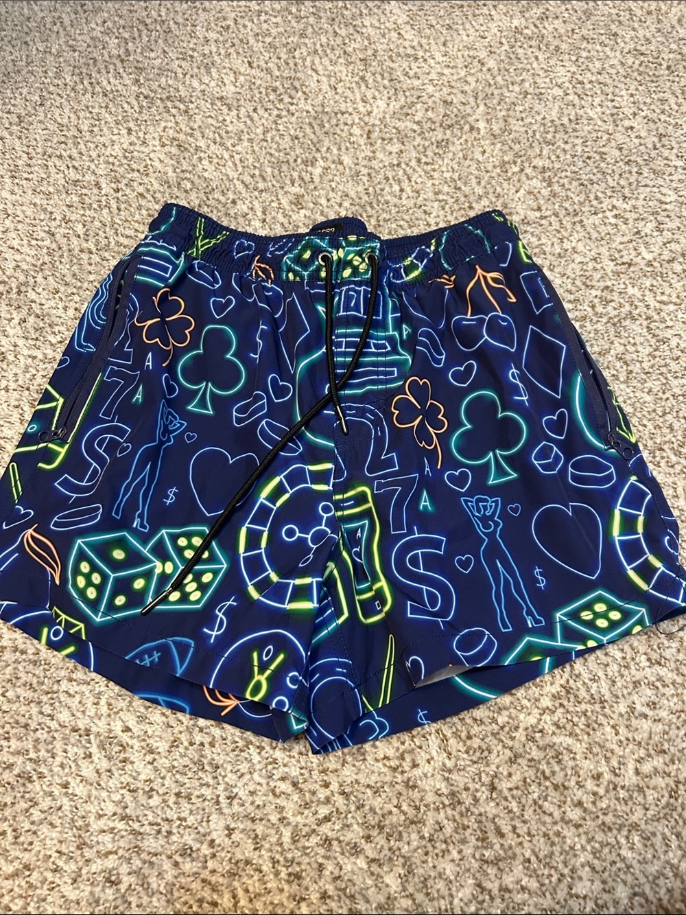 Men's Navy Neon Casino Print Swim Trunks
